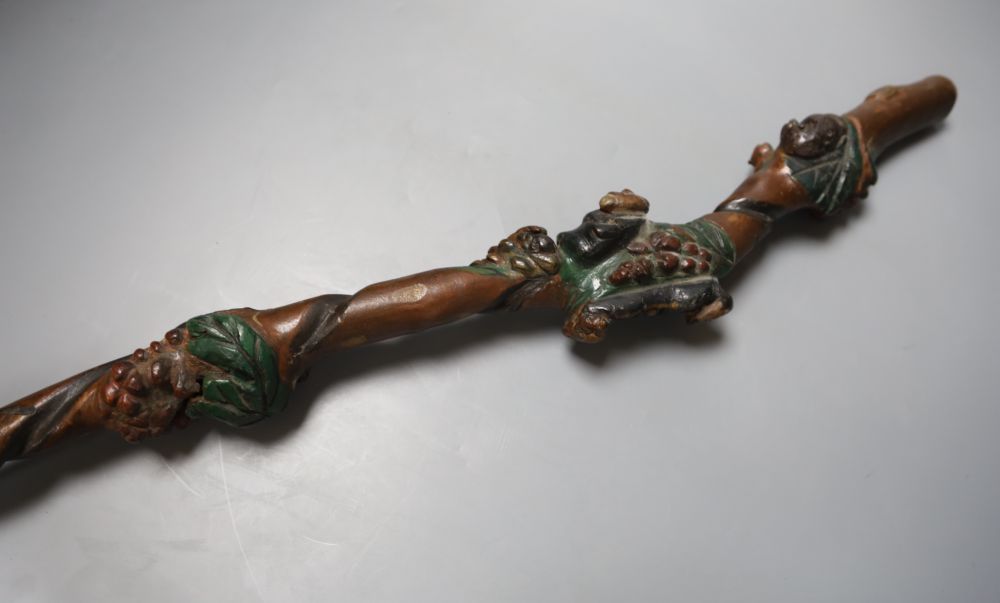 Three Chinese carved wood walking sticks, largest 108cm